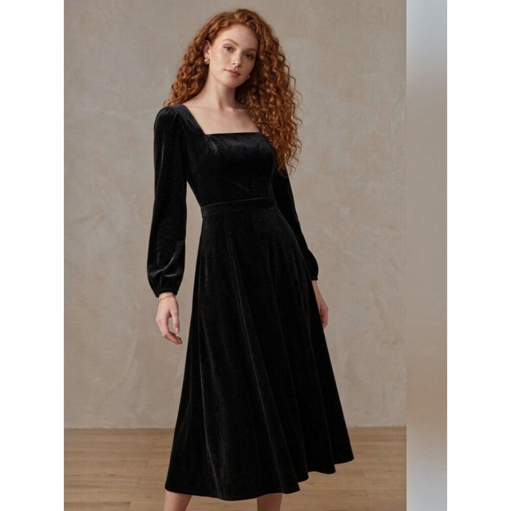 NWT Square Neck Plain Black Velvet Midi Dress A-Line Japanese Brand Lined